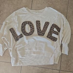 Cream Waffle Knit Pullover with Leopard 'LOVE' Appliqué